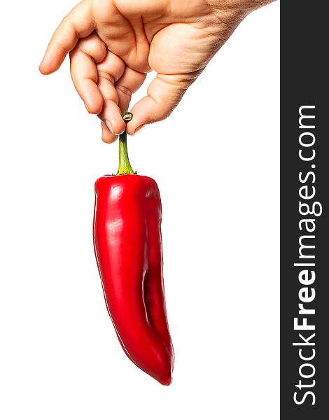 Hand holding a red pepper