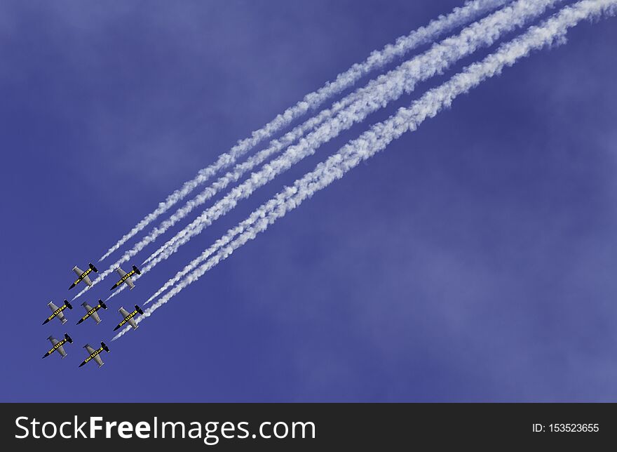 ABBOTSFORD, BC - AUGUST 7 2015 -  Breitling Jet Team Flying In Formation At Airshow