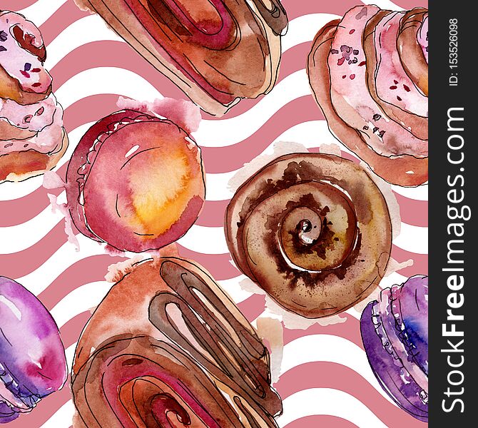 Tasty cake and desserts in a watercolor style. Watercolour illustration set. Seamless background pattern.