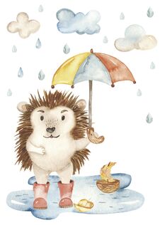 Free Card Cute Hedgehog And Umbrella Watercolor Royalty Free Stock Images - 153551399