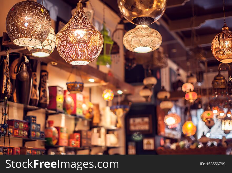 Traditional oriental glowing lights arabic lamps background