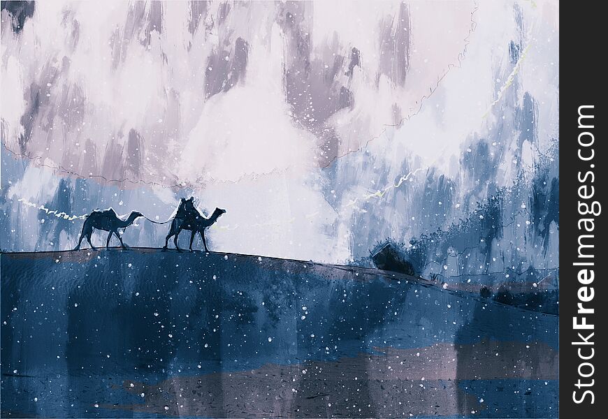 Abstract digital painting of camels in desert, camel fair in India illustration