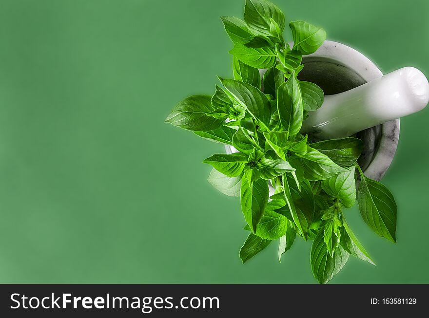 Fresh Green Basil In A White Marble Mortar On The Table