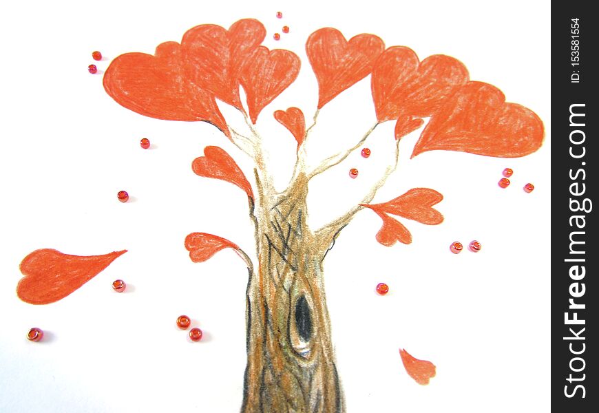 Fantastic Love Tree With Bright Red Hearts Instead Of Leaves, Surrounded By Beads