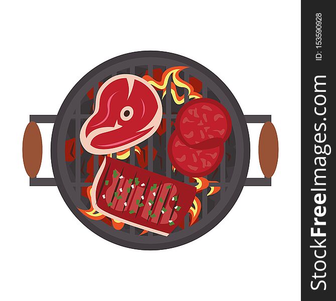 Barbecue food steak and burgers on grill topview vector illustration graphic design. Barbecue food steak and burgers on grill topview vector illustration graphic design