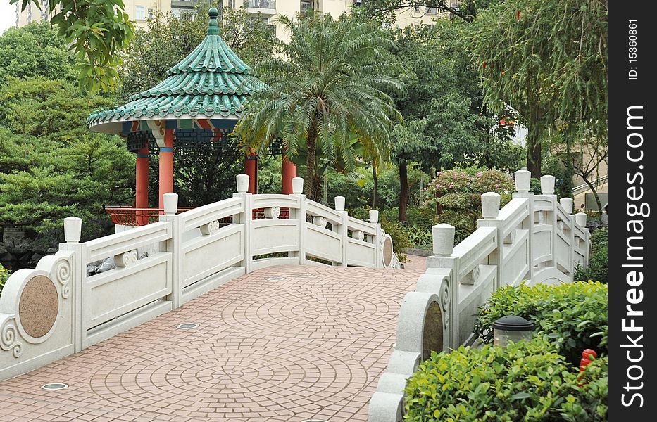 Chinese garden bridge and pavilion