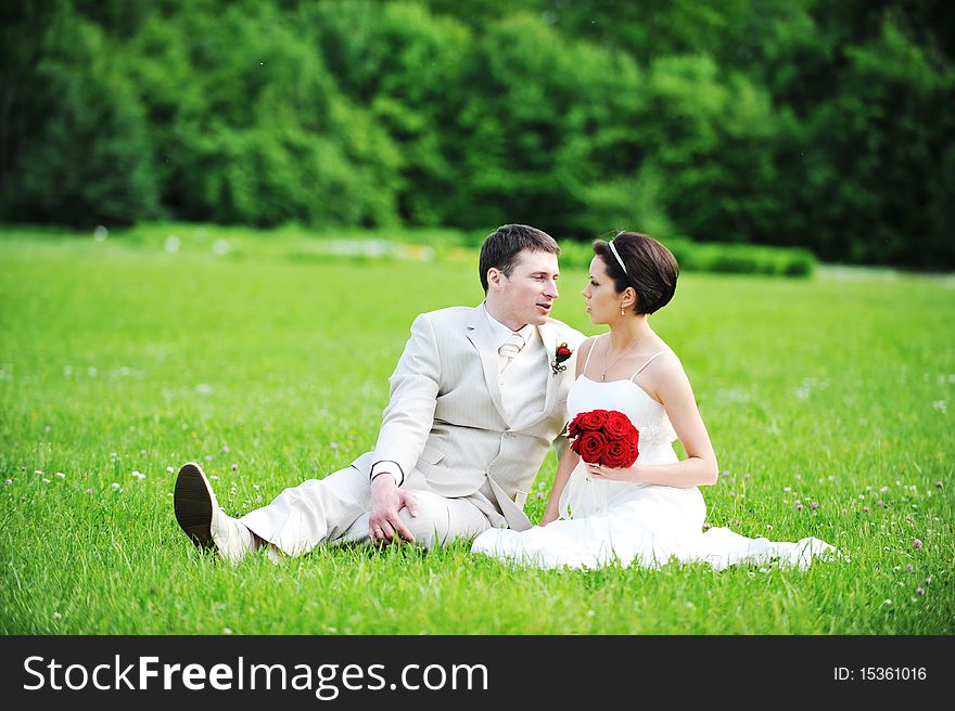 Newly-married couple sit on  green grass in  field. Newly-married couple sit on  green grass in  field