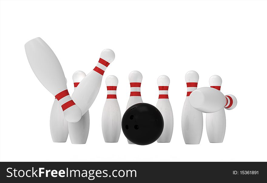 White skittles and black ball isolated on white, bowling, 3d render. White skittles and black ball isolated on white, bowling, 3d render