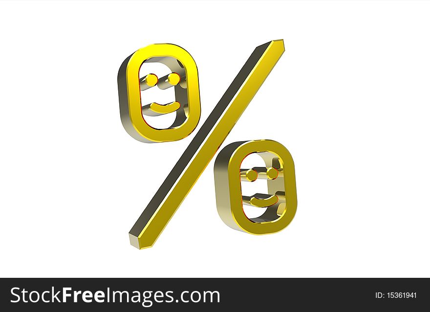 Golden percentage symbol with smile isolated on white 3d render