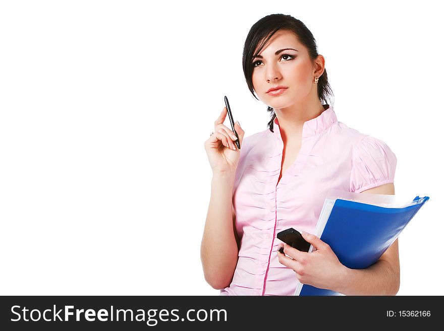 Attractive Young Girl In Pink Blouse With Papers