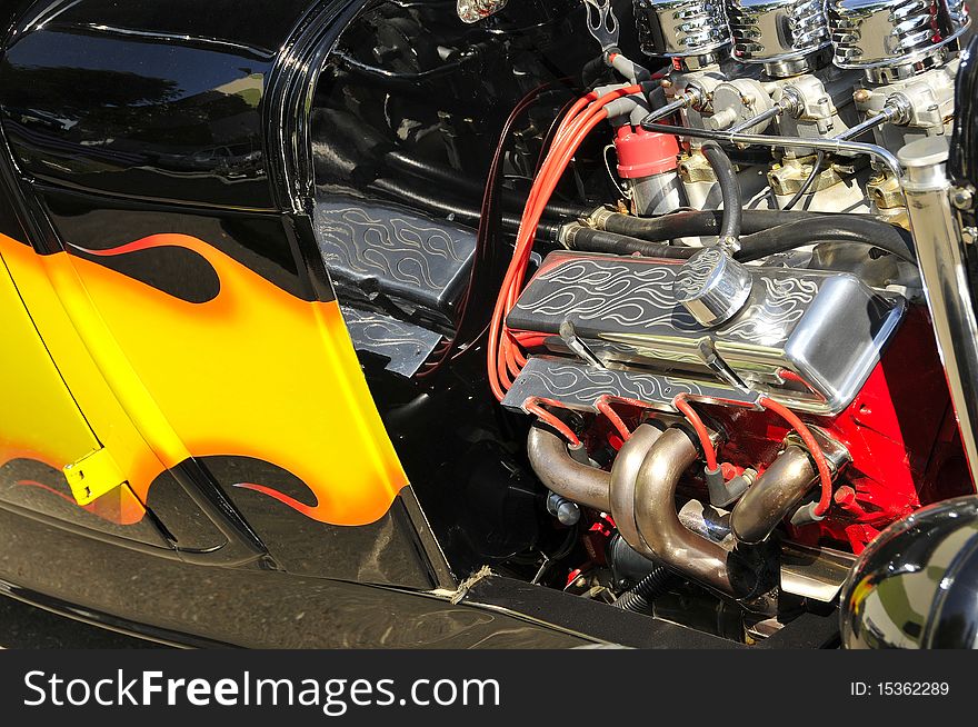 Automotive Hot Rod Engine Custom Rebuilt in Local Car Show