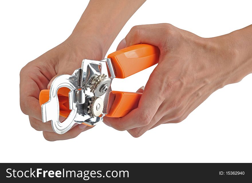 Can opener with hand isolated over white