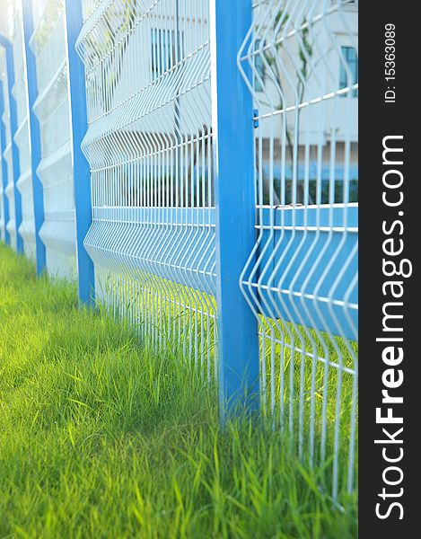 Iron fence in perspective surrounding  of green grass