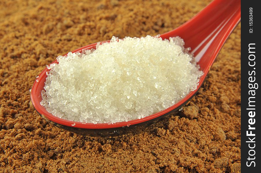 Close-up white sugar and brown sugar