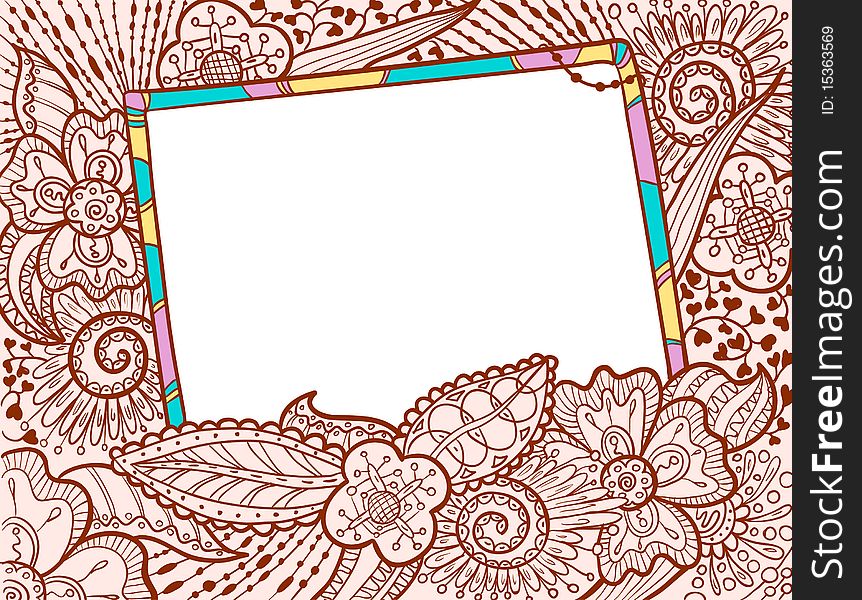 Hand drawn doodle color frame decorate by floral ornament