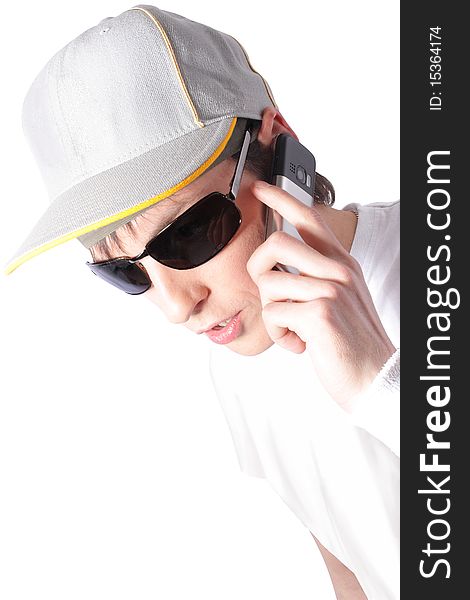 Closeup young man, calling by cellphone (on white background, isolated)
