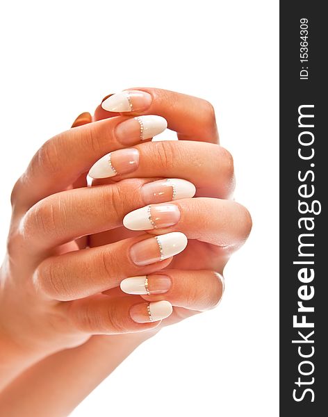 Girl's hands with perfect nail manicure isolated on white background