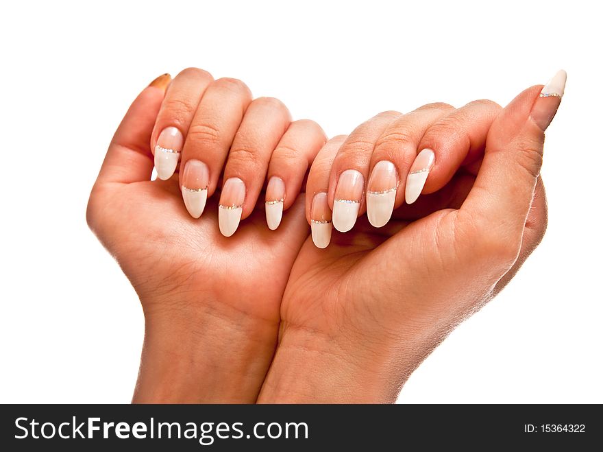 Girl's hands with perfect nail manicure isolated on white