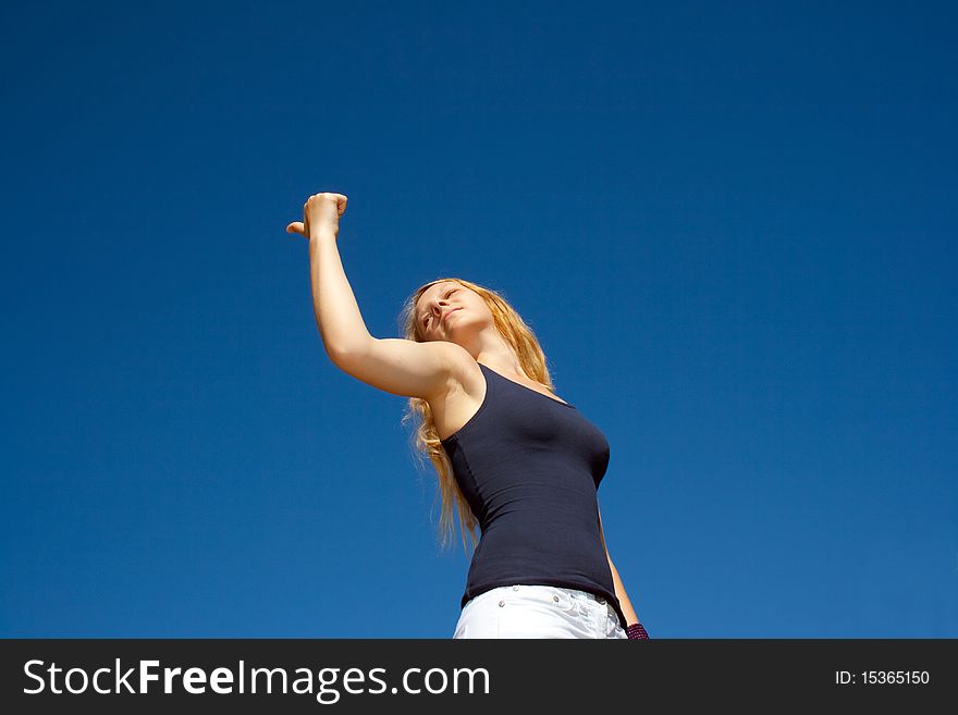 young woman hitch-hike, outside. young woman hitch-hike, outside