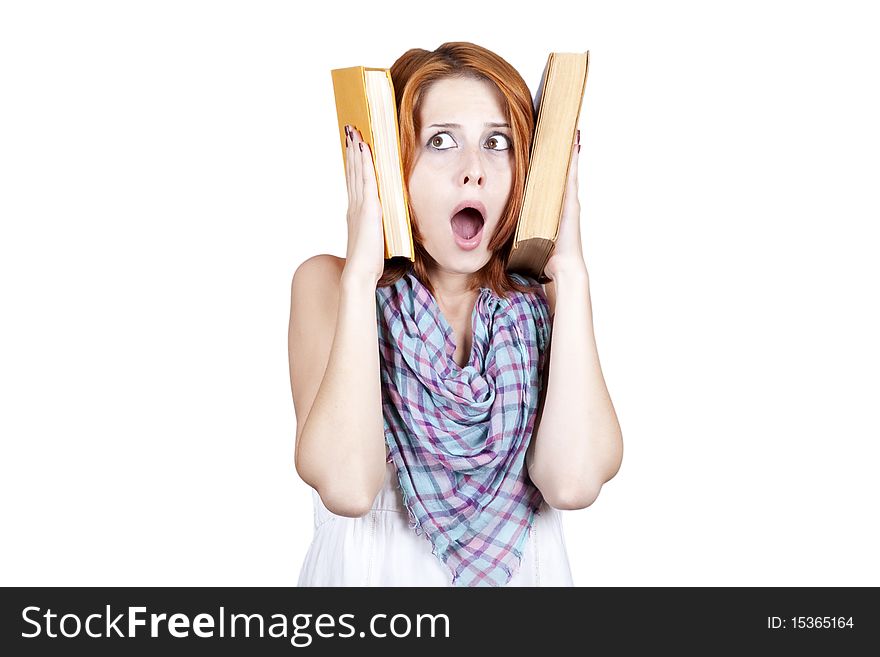 Young student with two book and headache.