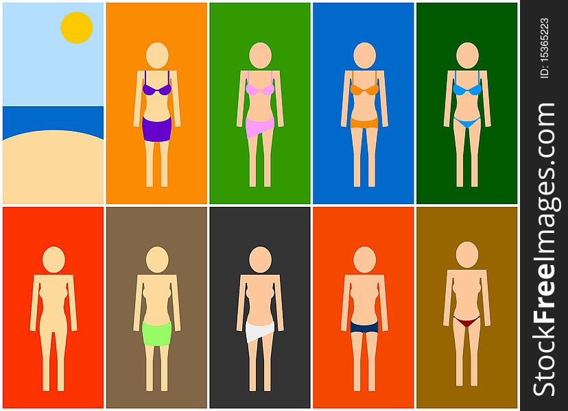 Symbols of women with different beach clothing. Symbols of women with different beach clothing