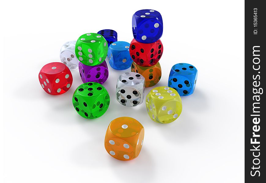 Dice, plastic colored with white background. Dice, plastic colored with white background