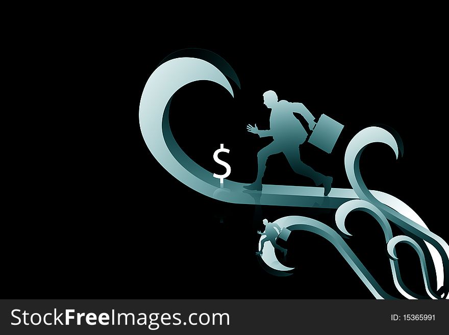 Digital illustration of business man and dollar sign  in black background