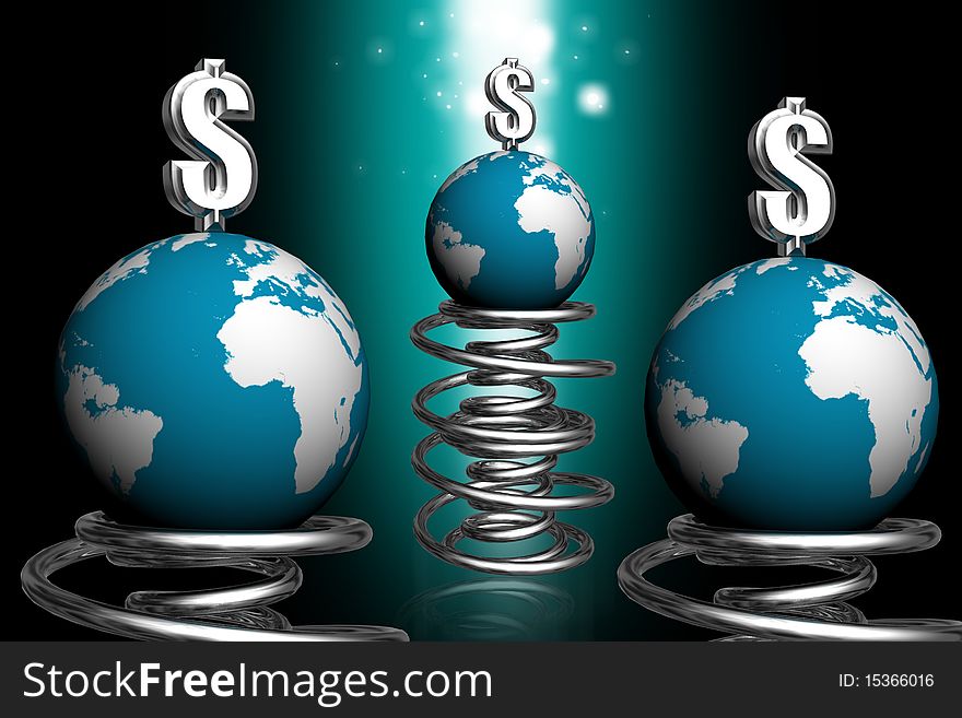 Digital illustration of globe and dollar bouncing spring in abstract background. Digital illustration of globe and dollar bouncing spring in abstract background