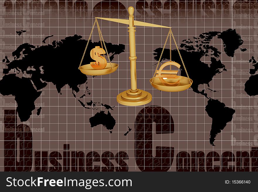 Balancing Scale  Euro And Dollar In Frond Of World