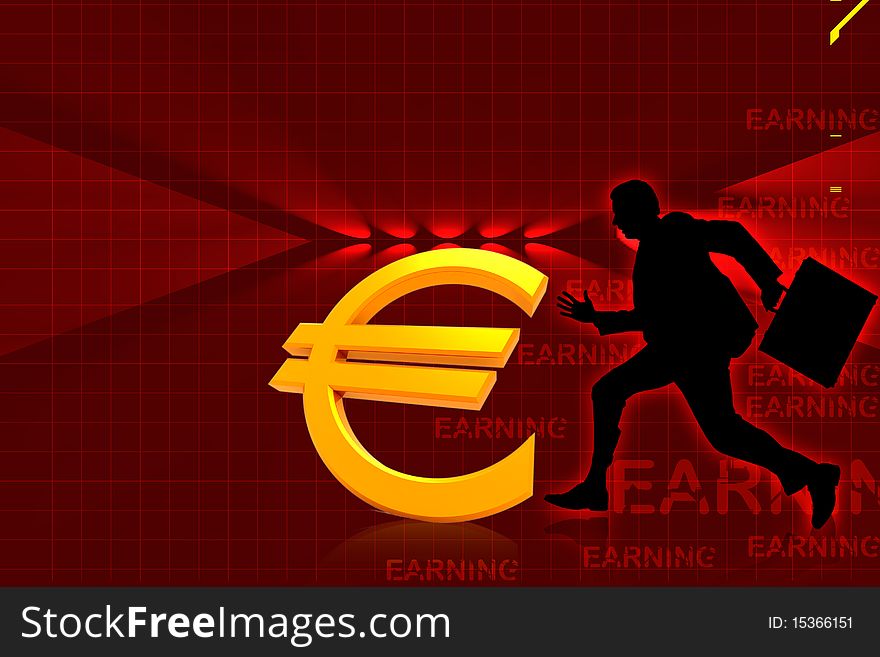 Digital illustration of euro and running business man in color background