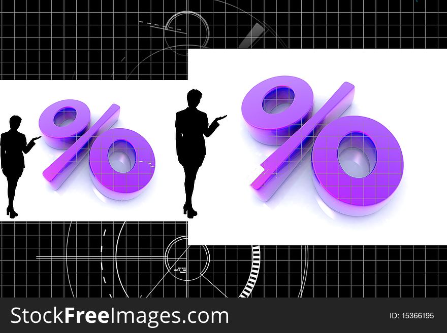 Digital illustration of percentage and business woman in color background