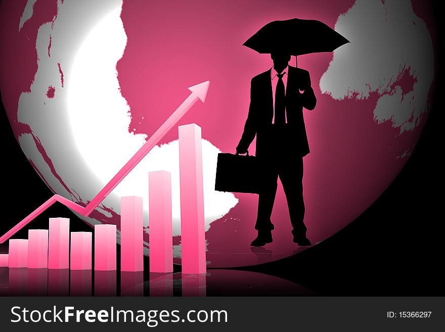 Digital illustration of business man and graph in frond of world