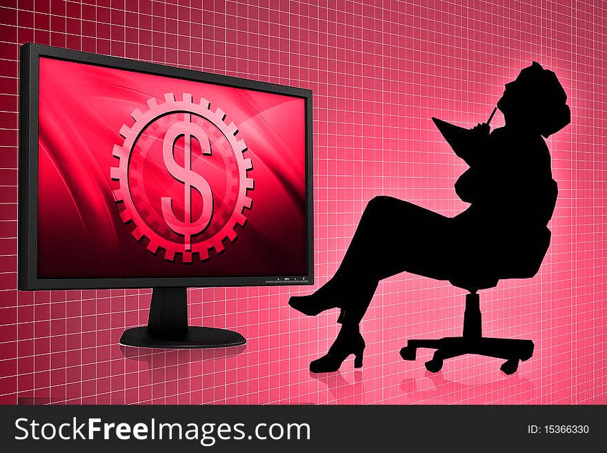 Digital illustration of  Business woman and Tft monitor color background