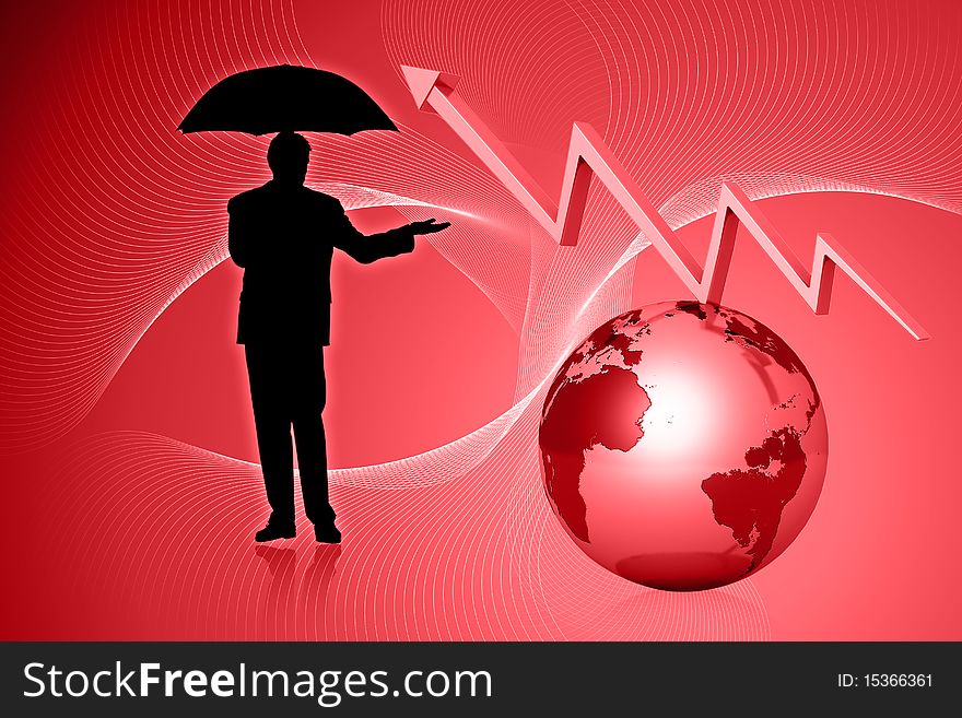 3d globe and graph with business man showing rise in benefits or earnings