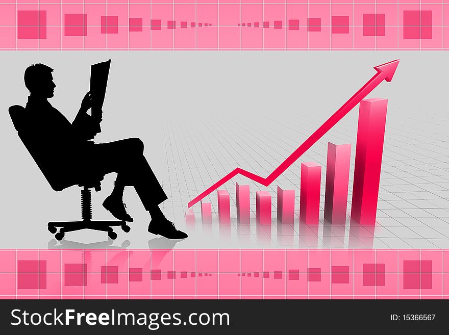 Digital illustration of business man and graph in frond of world