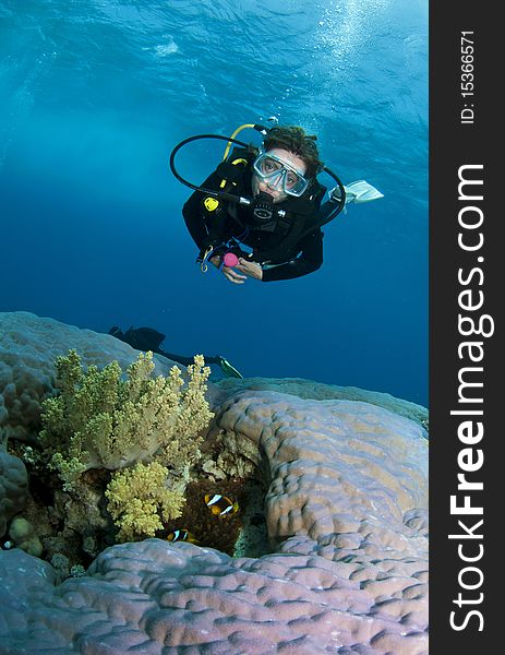 Female scuba diver swims over coral reef