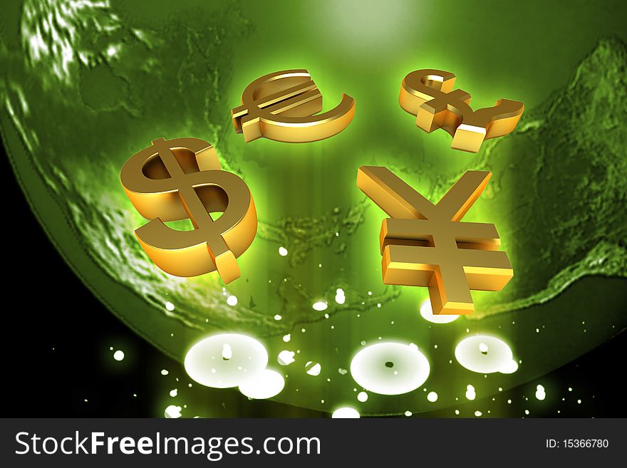 Digital illustration of world and world currency in color background