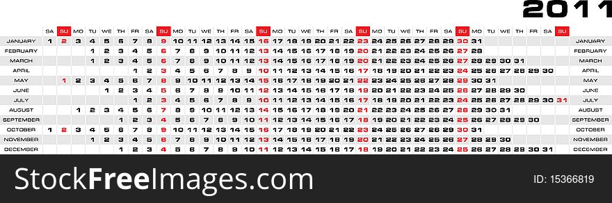 Vector 2011 year calendar. Month in a column, weekdays aligned horizontally