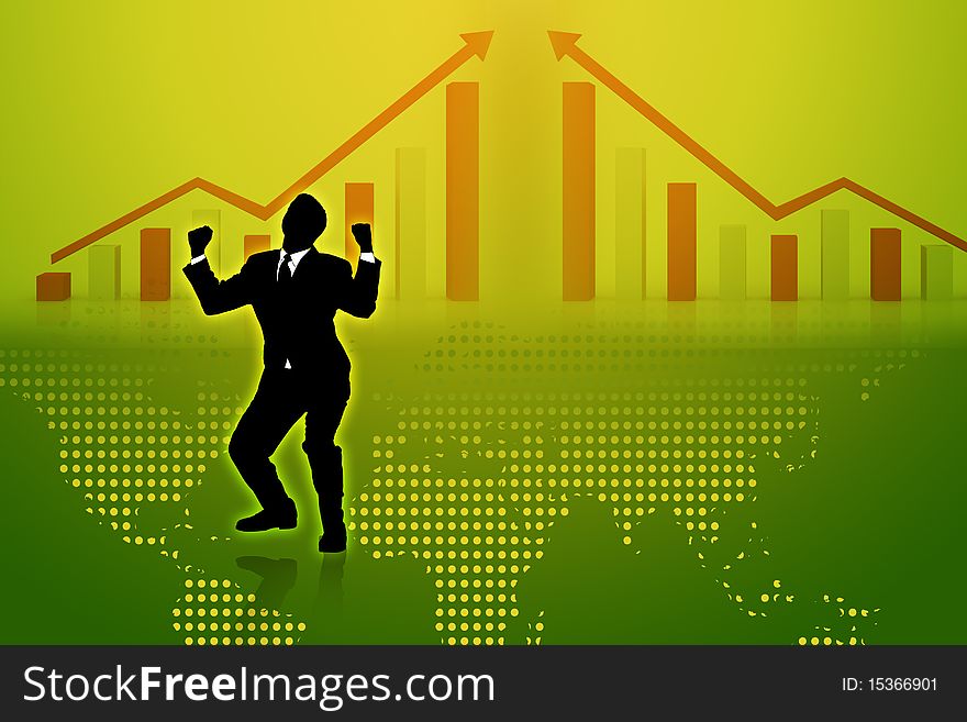 Digital illustration of business man and graph in frond of world