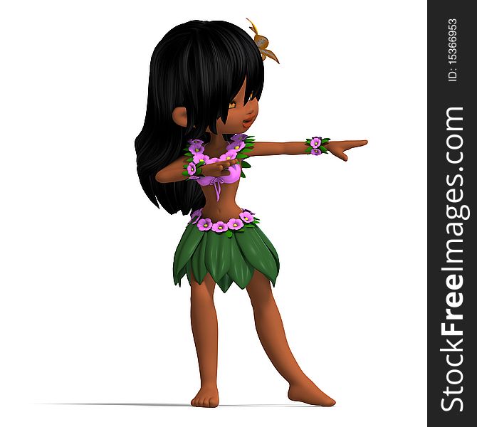 Very cute hawaiin cartoon girl is dancing for you. 3D rendering with clipping path and shadow over white