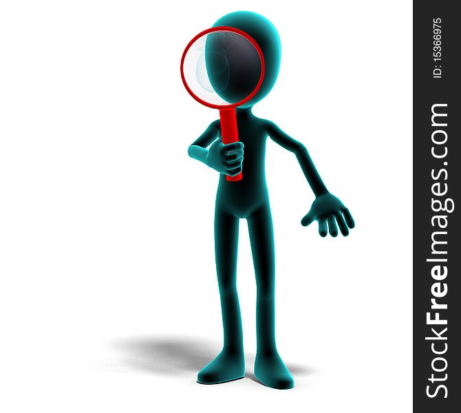 3d male icon toon character with a magnifier