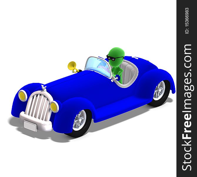 3d male icon toon character driving a huge car