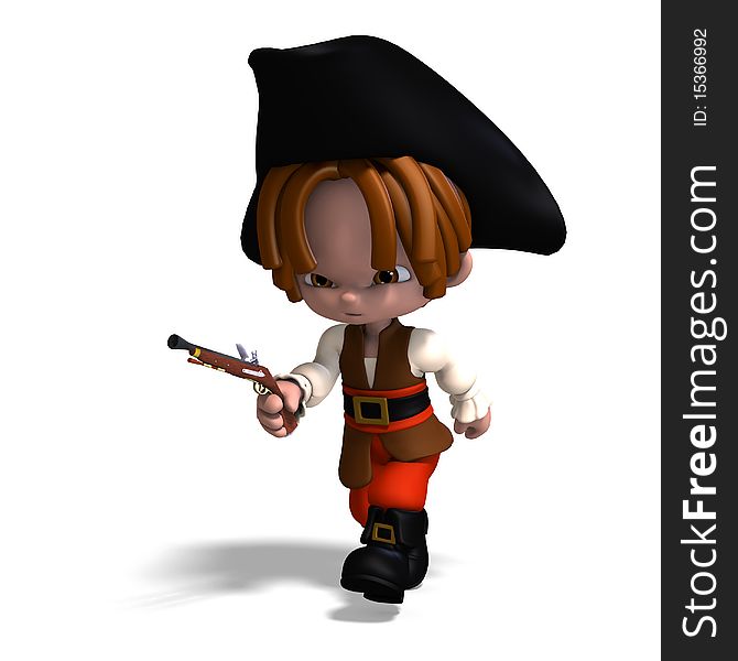 Sweet and funny cartoon pirate with hat. 3D rendering with clipping path and shadow over white