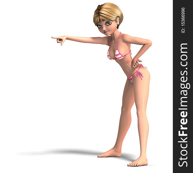 Cute and funny cartoon girl wearing a two piece bikini. 3D rendering with clipping path and shadow over white