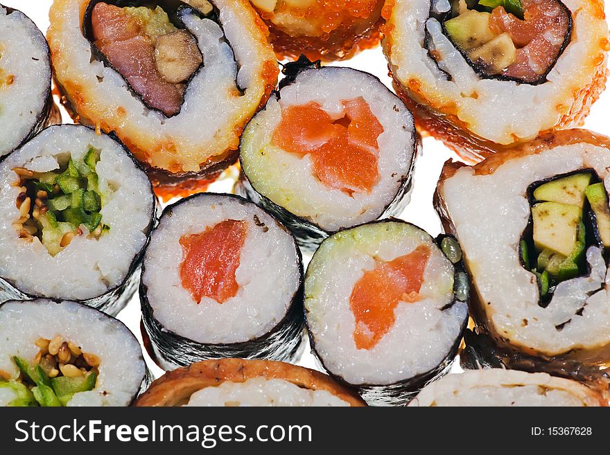 Color background with different sushi. Color background with different sushi