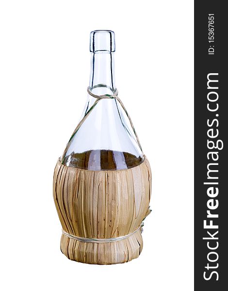 Straw-wrapped bottle with straw on a white background. Straw-wrapped bottle with straw on a white background