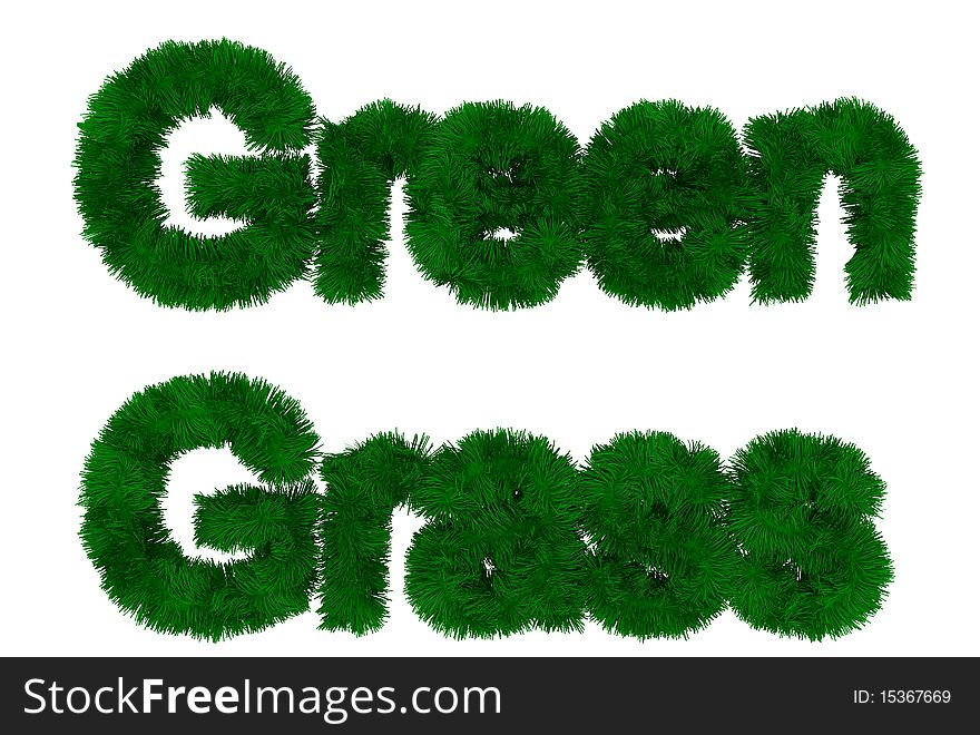 3d green grass text with grass texture isolated on white background. Text is in focus.