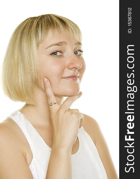 Young woman smiling on white background. Young woman smiling on white background