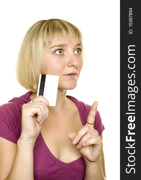 Portrait of a beautiful woman holding a blank credit card on white background. Portrait of a beautiful woman holding a blank credit card on white background