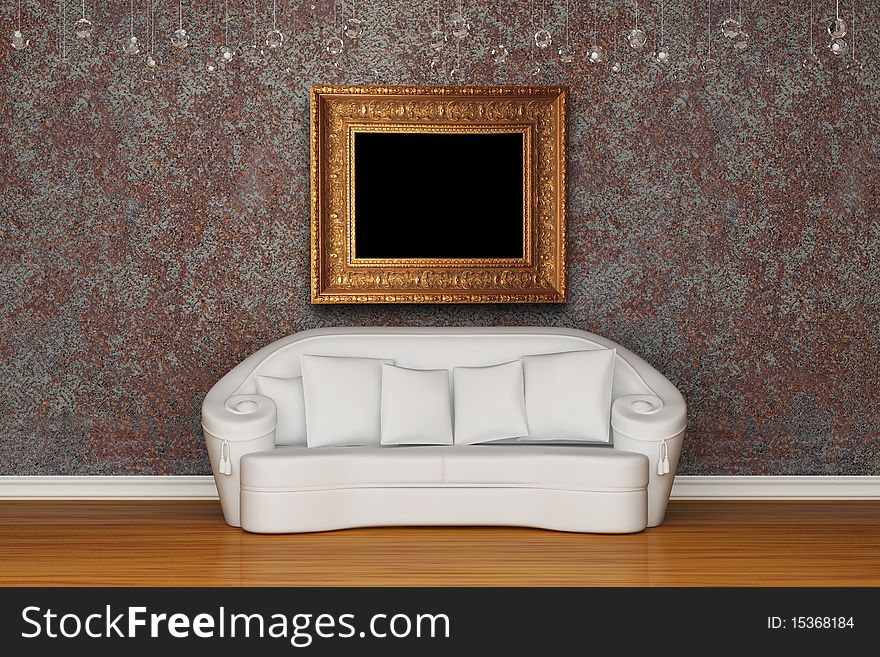 White sofa in rusty interior with picture frame. White sofa in rusty interior with picture frame